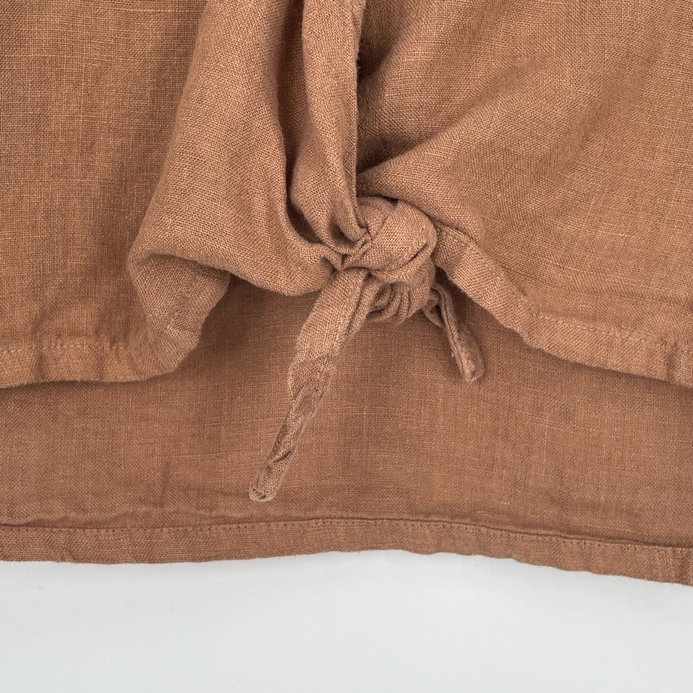 First Rite Women's Brown Linen Tie‎ Front V-neck Cropped Blouse Top Size Small - Picture 6 of 11